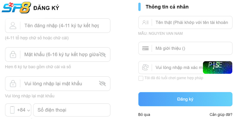 Tân hội viên cần điền đầy đủ thông tin tạo tài khoản mới khi đăng ký SP8